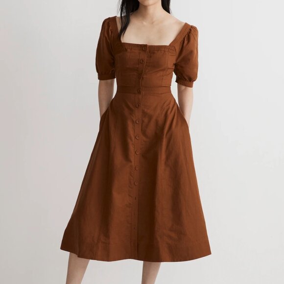 Madewell Seamed Fitted Bodice Prep Puff Sleeve Pocket Flowy Casual Midi Dress - Picture 8 of 8